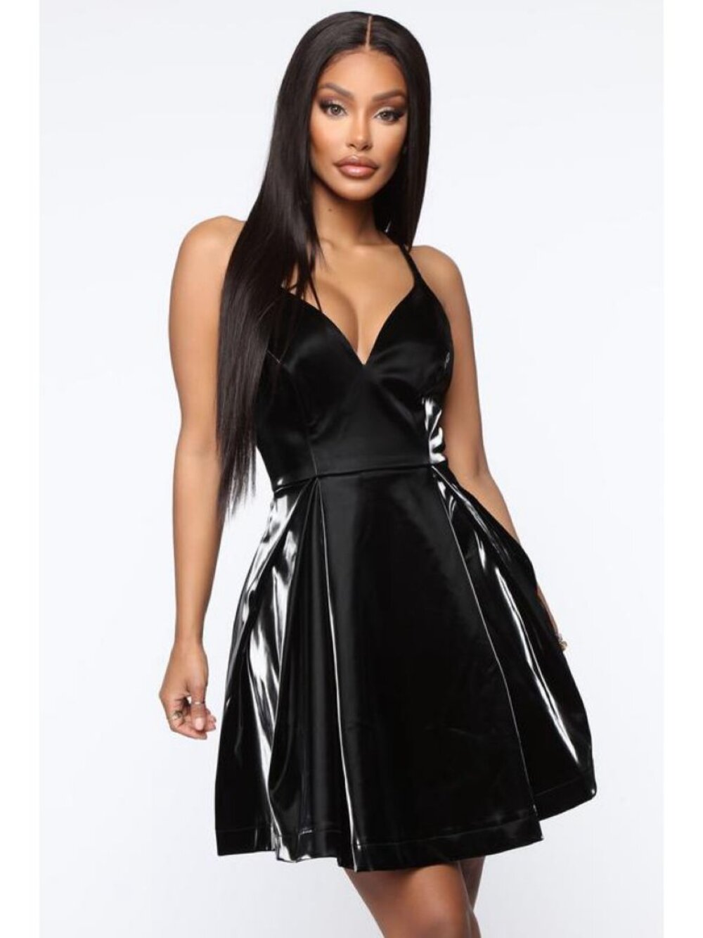Fashion Nova - PU Leather Strappy Flared Mini Dress - Black - V-Neck - Medium